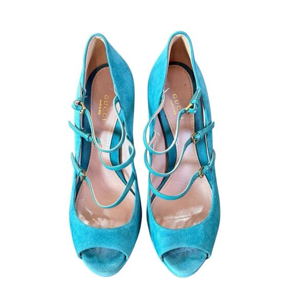Giuseppe Zanotti Turquoise Patent Leather Peep-Toe Platform  Gucci Lisbeth Platform Pumps Turquoise Suede Triple Strap Peep Toe EU 38 US 8